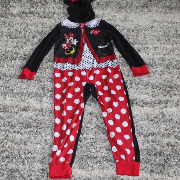 Disney Minnie Mouse Size 8 Girls Cozy Fleece Hooded One Piece Union Pajamas - Picture 1 of 6